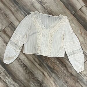 American Eagle Outfitters Cream Striped Blouse with Lace